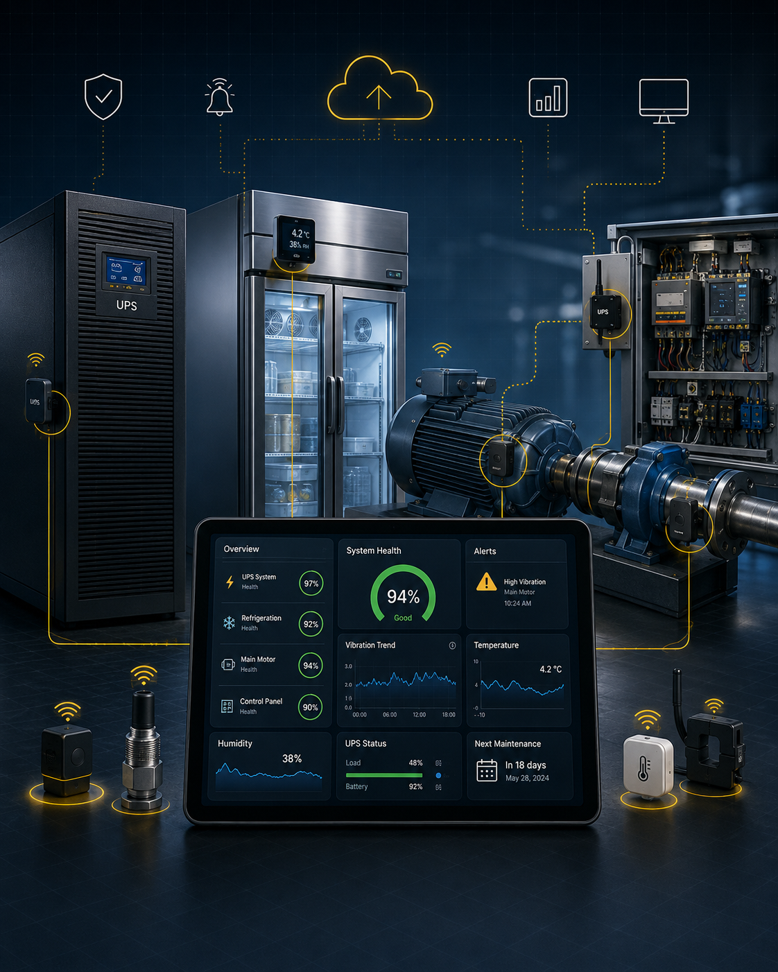 Humaya smart monitoring dashboard showing UPS health, refrigeration temperature, motor vibration and PLC status connected via IoT sensors